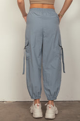 VERY J Y2K Elastic Waist Cargo Pants with Utility Pockets - 100% Nylon